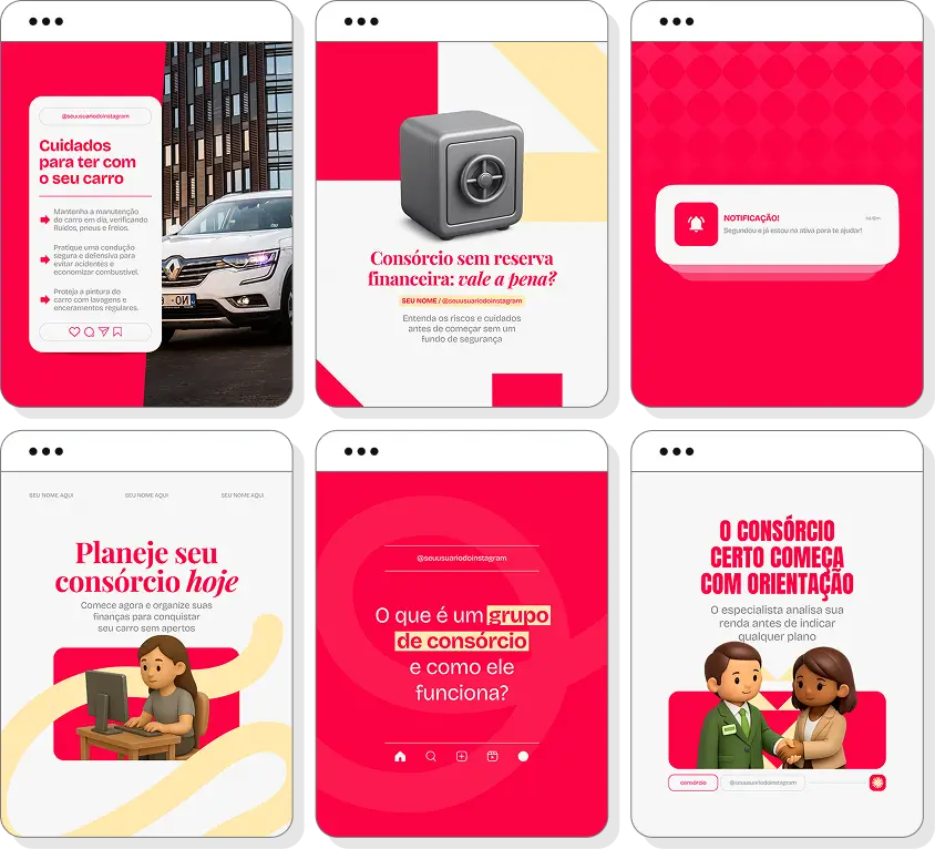 Pack de consórcio de carros com conteúdos editáveis para Instagram de veículos e planejamento financeiro