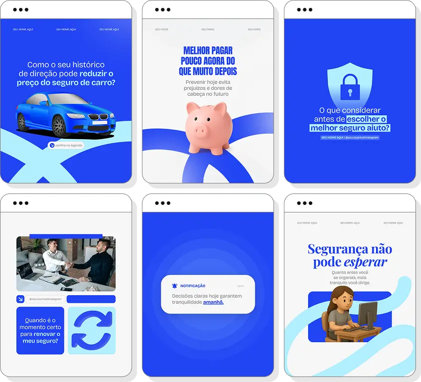 Pack Canva corretor de seguro auto com ideias de posts para perfil de Instagram sobre seguro de carro