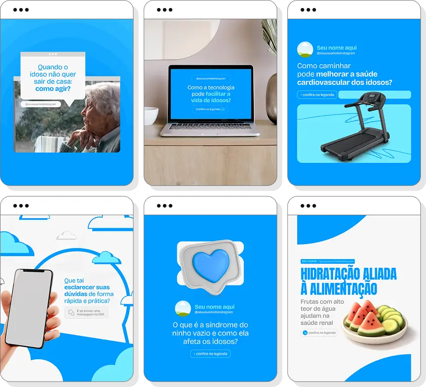 Posts para cuidador de idosos com ideias de conteúdo para Instagram sobre cuidados e rotina do idoso