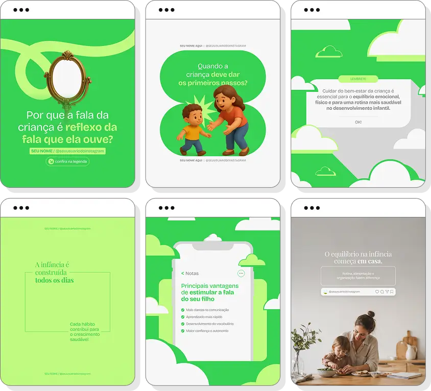 Pack Canva desenvolvimento infantil com posts editáveis para Instagram de crescimento e desenvolvimento infantil