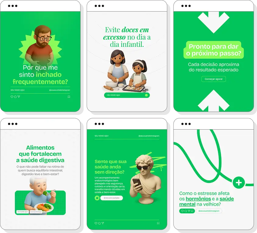 Social media endocrinologia com pack de posts para Instagram de saúde metabólica e hormonal