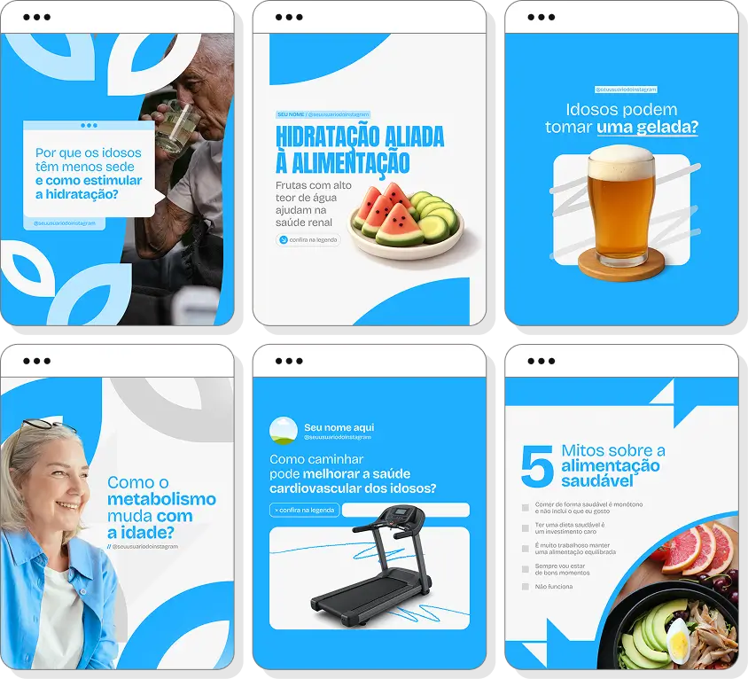 Pack social media geriatria com conteúdos para Instagram de cuidados com idosos e bem-estar