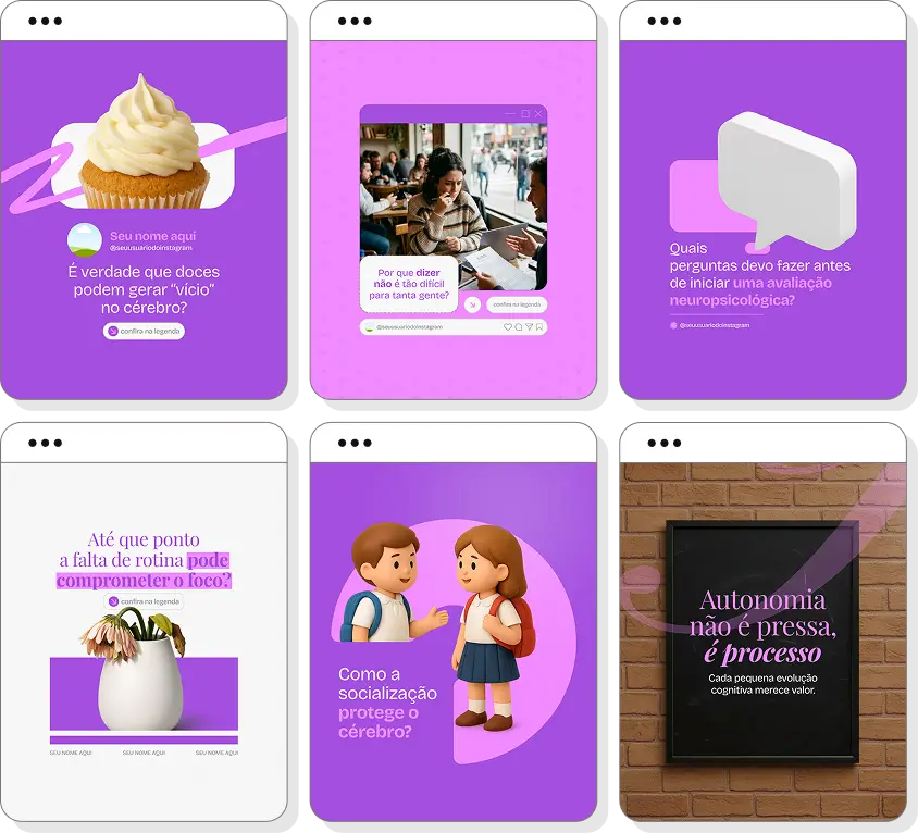 Social media neuropsicologia com pack de posts para Instagram de cognição e funcionamento cerebral