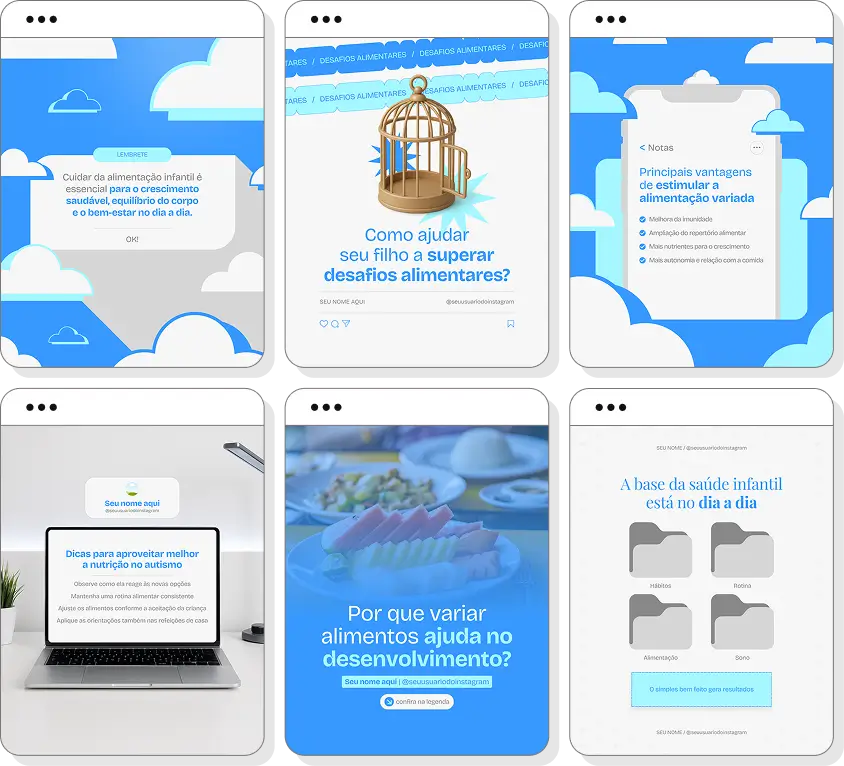 Social media nutrição infantil com pack de posts para Instagram de alimentação saudável infantil
