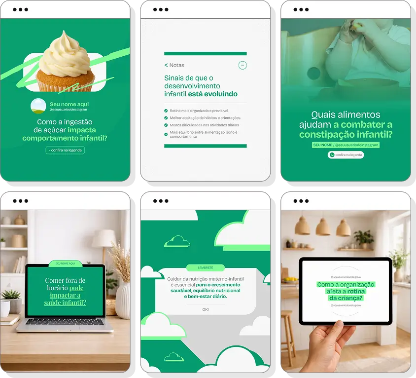 Social media nutrição materno-infantil com pack de posts editáveis para Instagram de maternidade e nutrição