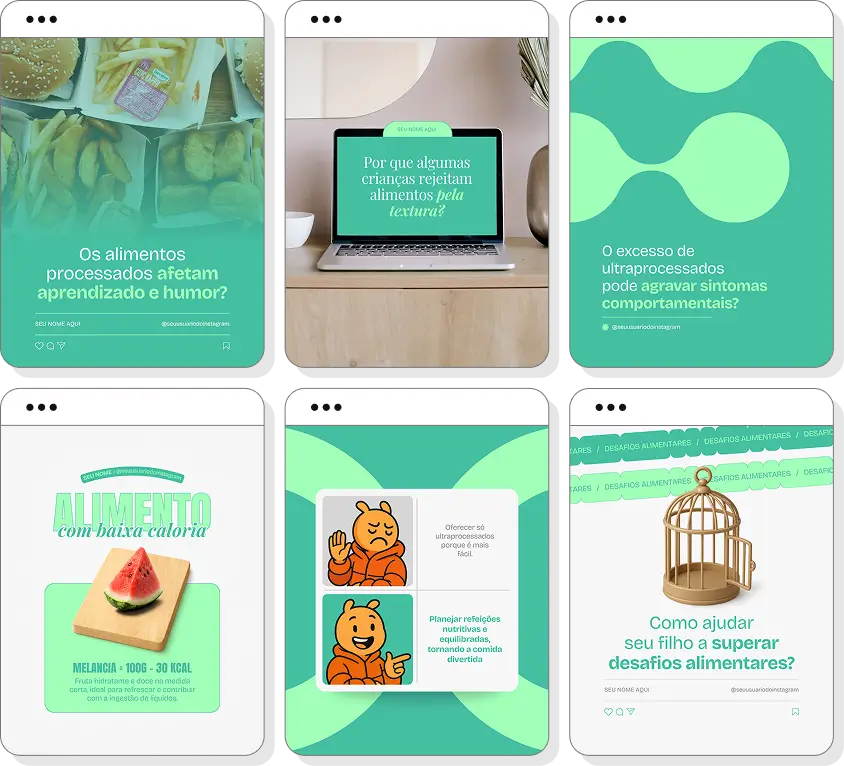Pack Canva nutrição para autismo com posts editáveis para Instagram de alimentação e seletividade alimentar
