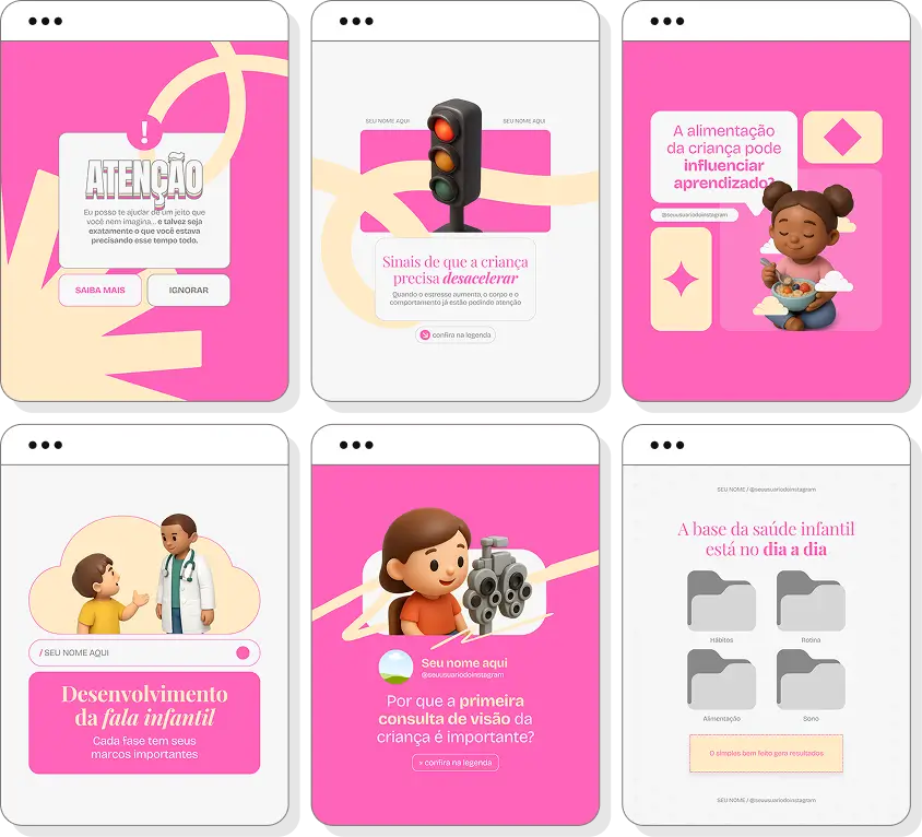 Pack Canva pediatria com ideias de posts para perfil de Instagram sobre infância e saúde infantil