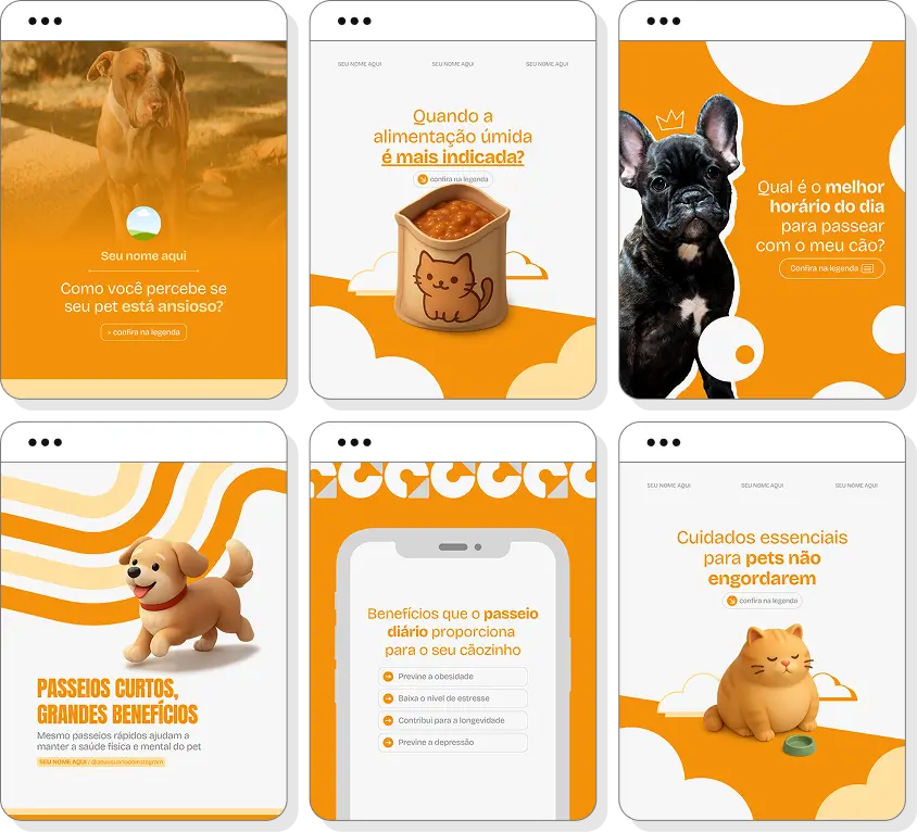 Pack Canva pet sitter com ideias de posts para perfil de Instagram sobre cães, gatos e cuidados