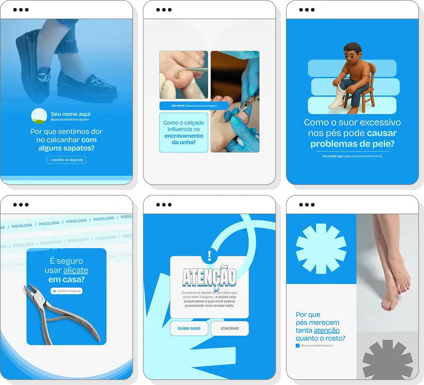 Posts para perfil de podologia no Instagram com templates Canva sobre saúde e bem-estar dos pés