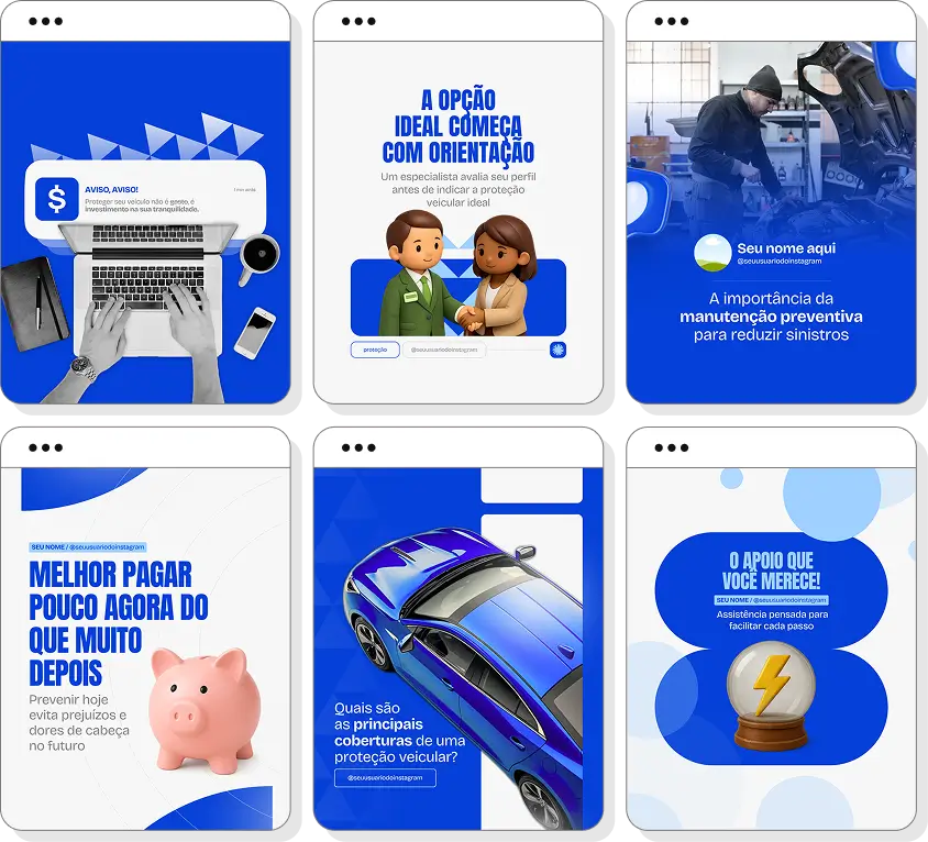 Social media proteção veicular com pack de posts para Instagram de segurança e cuidados automotivos