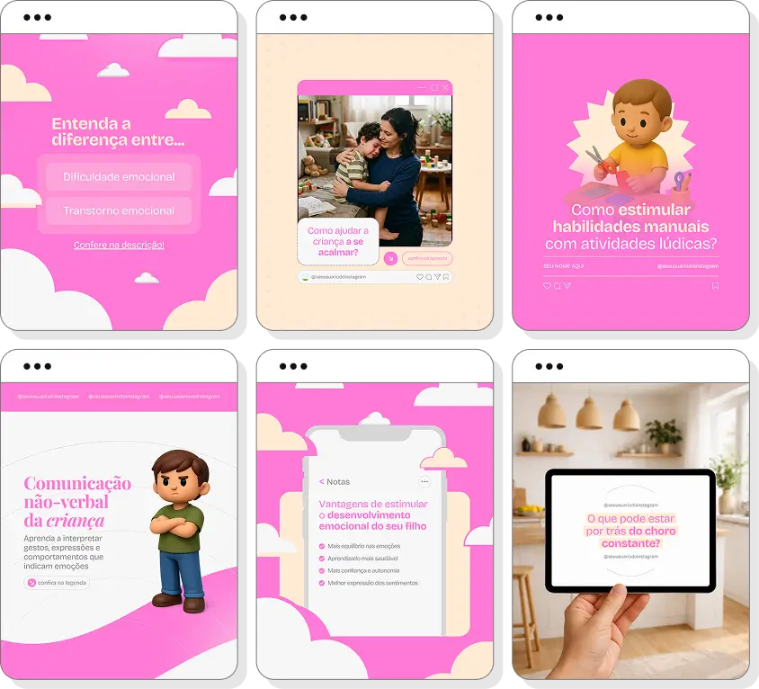 Social media psicologia infantil com pack de posts para Instagram de desenvolvimento emocional infantil