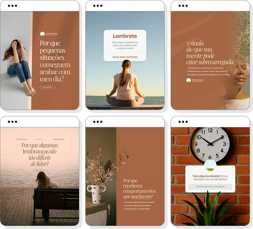 Posts editáveis psicoterapia com pack de templates para Instagram de autoconhecimento e saúde emocional