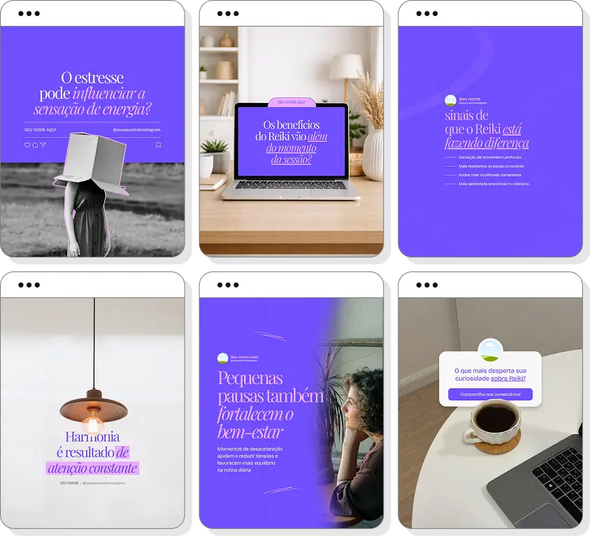 Pack Canva Reiki com posts editáveis para Instagram de terapias energéticas e autocuidado