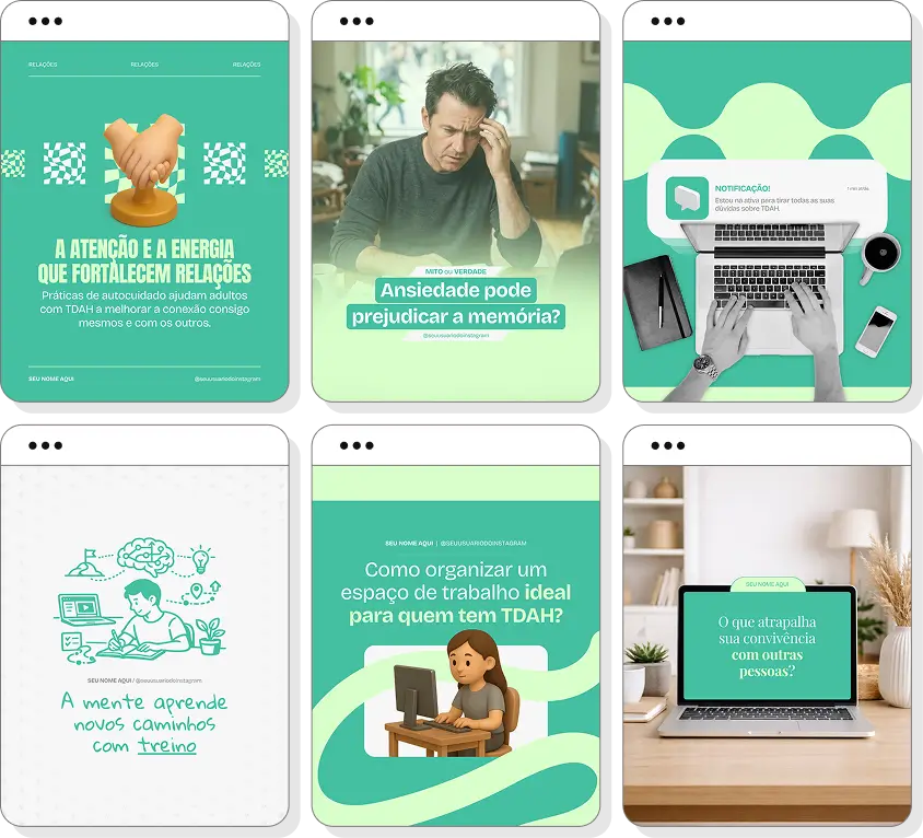 Pack Canva TDAH adulto com posts editáveis para Instagram de foco, organização e autoconhecimento