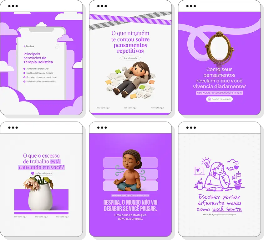Pack Canva terapia holística com ideias de posts para perfil de Instagram sobre energia e equilíbrio