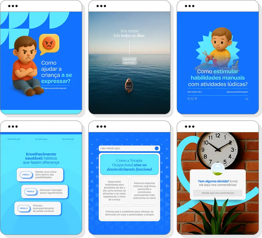 Social media terapia ocupacional com pack de posts para Instagram de funcionalidade e bem-estar