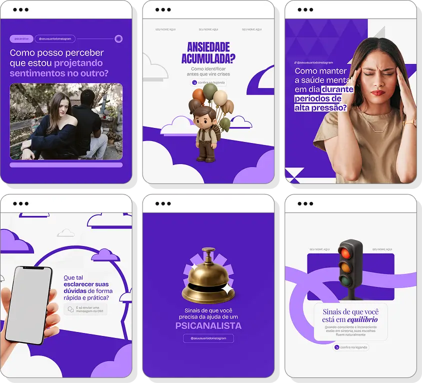 Social media psicanálise com pack de posts para Instagram de autoconhecimento e bem-estar emocional