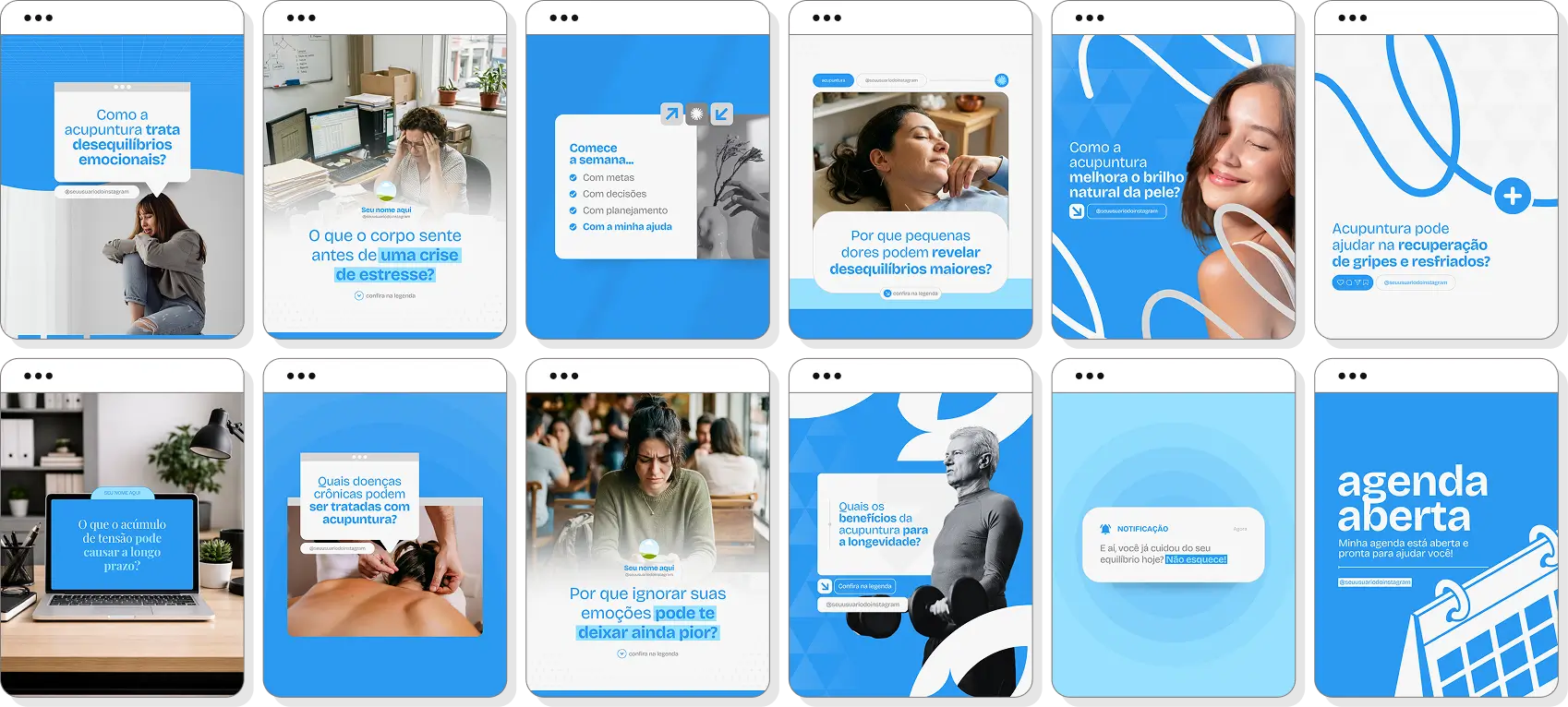 Ideias de post para acupuntura com pack de conteúdo para Instagram sobre medicina chinesa e saúde