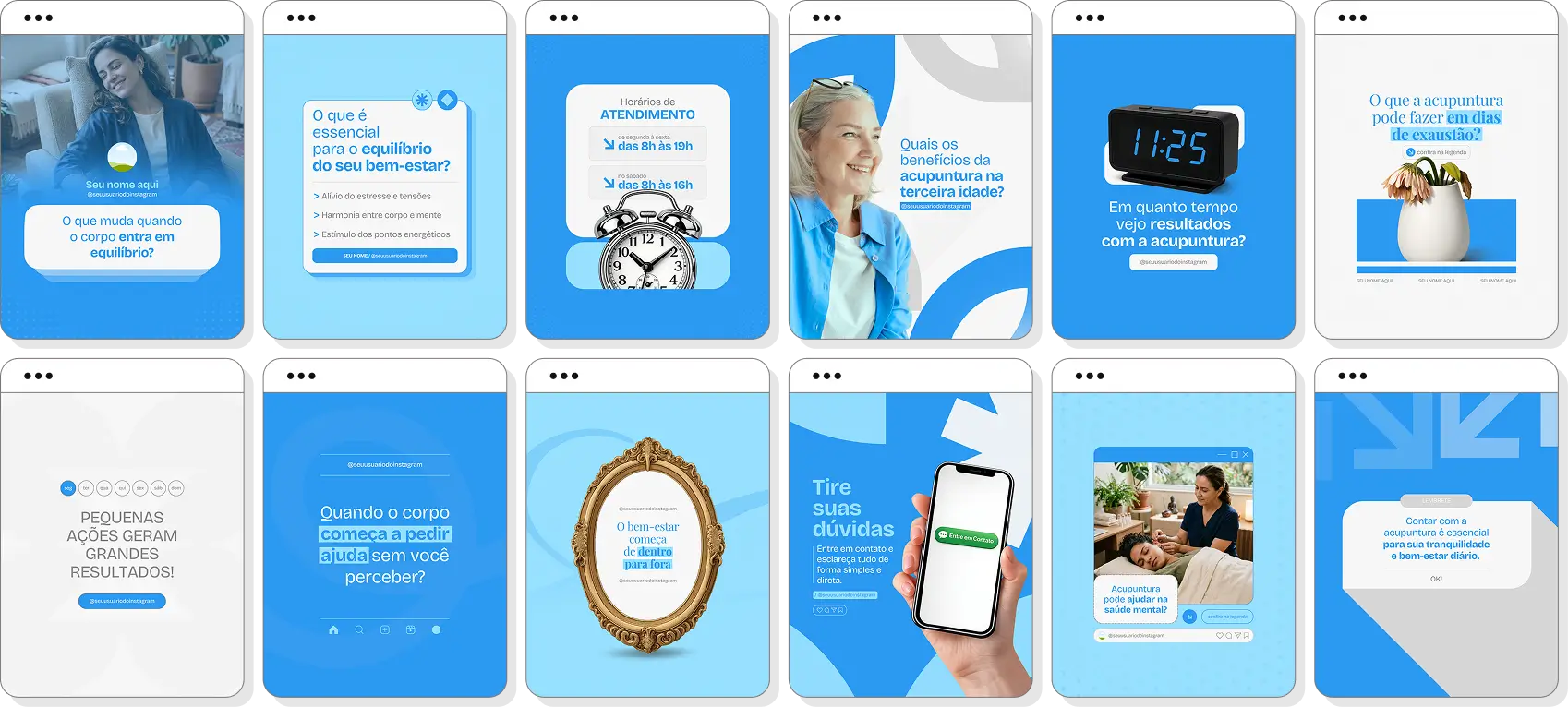 Pack de posts editáveis acupuntura com Instagram de equilíbrio físico e terapias integrativas