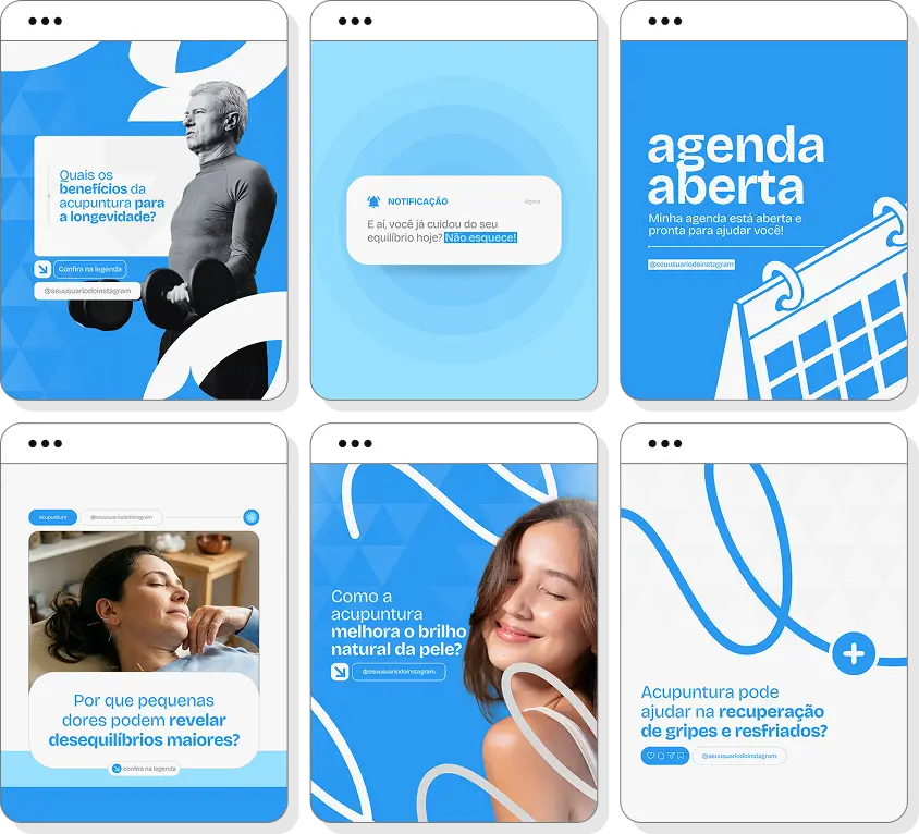 Social media acupuntura com pack de posts para Instagram de terapias integrativas e saúde