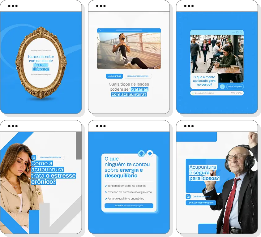 Pack Canva acupuntura com ideias de posts para perfil de Instagram sobre equilíbrio e acupuntura
