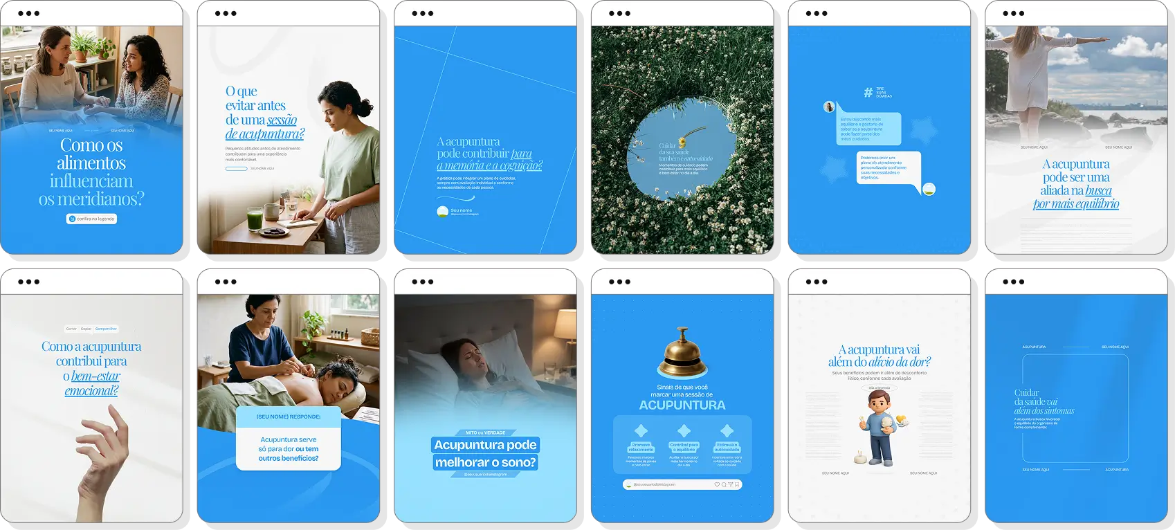 Posts para acupuntura com ideias de conteúdo para Instagram sobre pontos de acupuntura e bem-estar