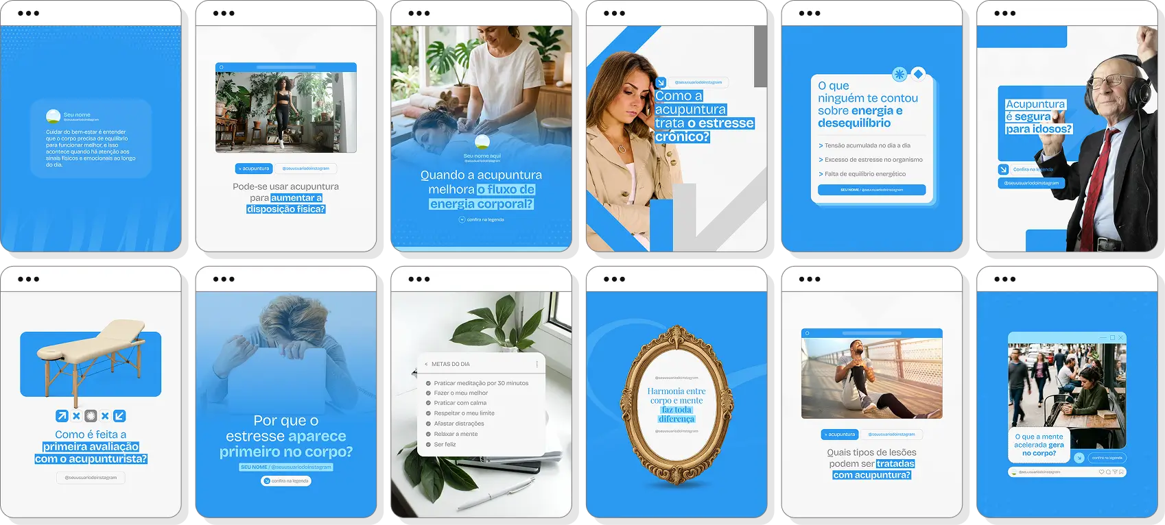 Pack Canva acupuntura com posts para Instagram de terapias complementares e bem-estar