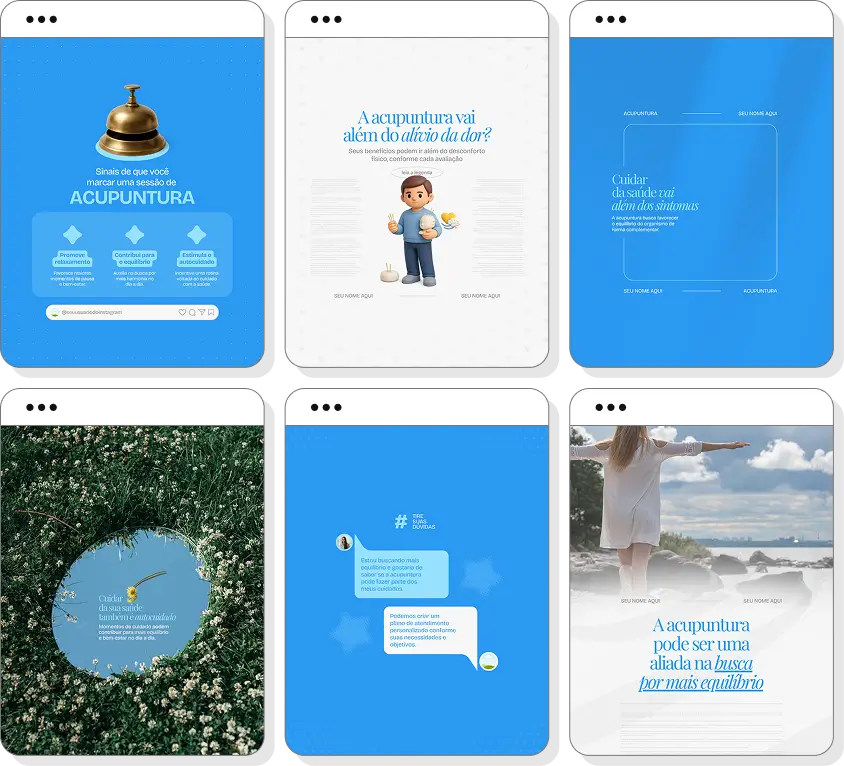 Pack Canva acupuntura com posts editáveis para Instagram de acupuntura e terapias integrativas