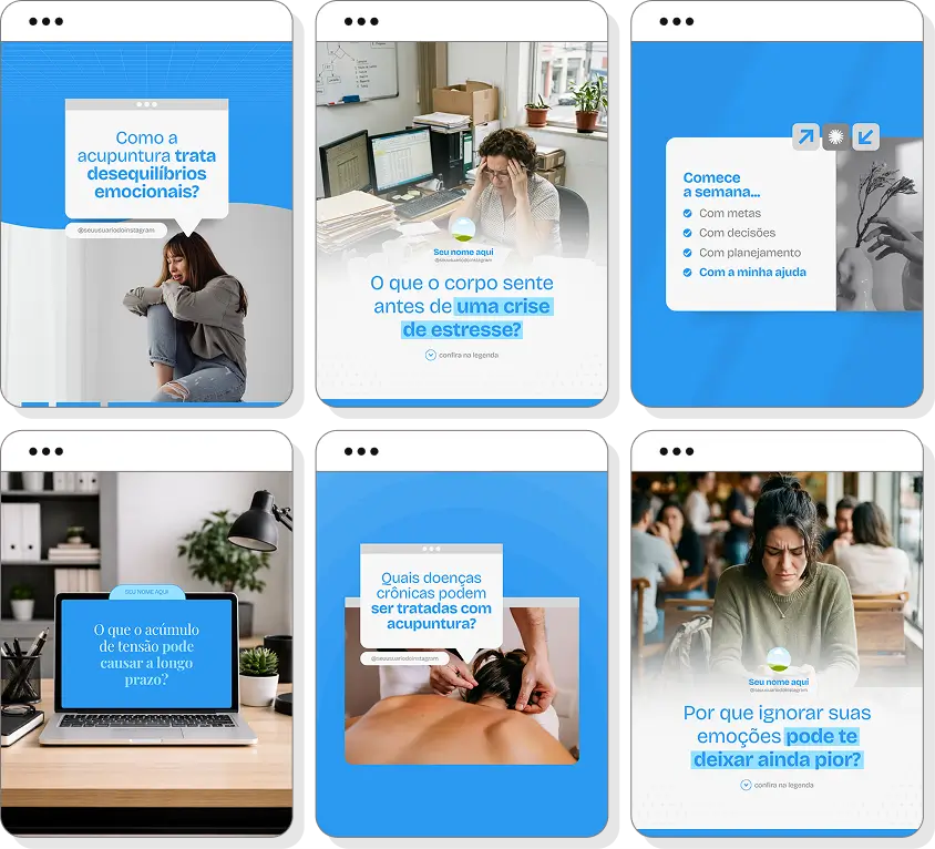 Pack de posts editáveis acupuntura com foco em medicina tradicional chinesa e qualidade de vida