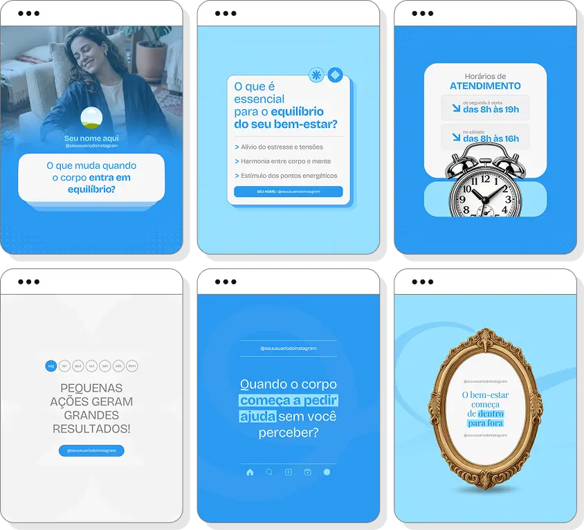 Pack de posts para Instagram acupuntura com artes editáveis sobre medicina chinesa e equilíbrio corporal
