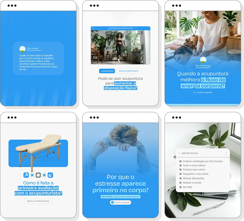 Posts para perfil de acupuntura no Instagram com templates Canva sobre bem-estar e saúde integrativa