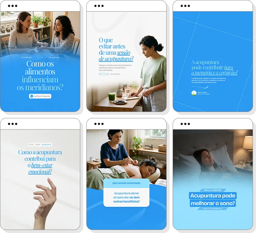 Pack de posts para acupuntura com templates no Canva para Instagram sobre bem-estar, equilíbrio e medicina chinesa