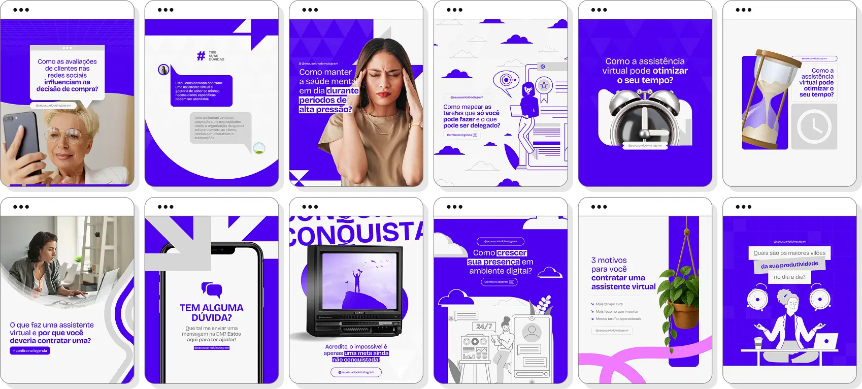 Pack de posts editáveis assistente virtual com Instagram de suporte administrativo e produtividade