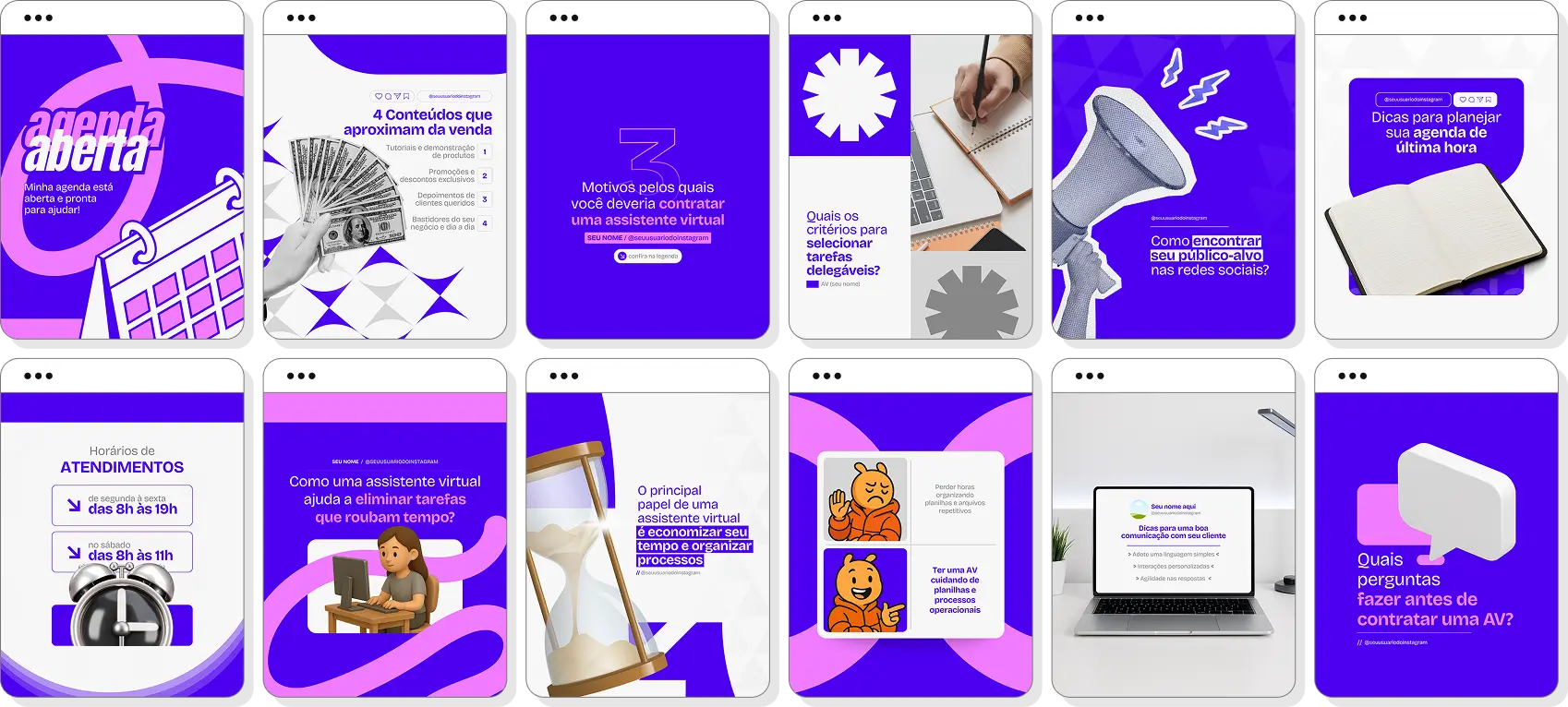 Ideias de post para assistente virtual com pack de conteúdo para Instagram sobre organização profissional