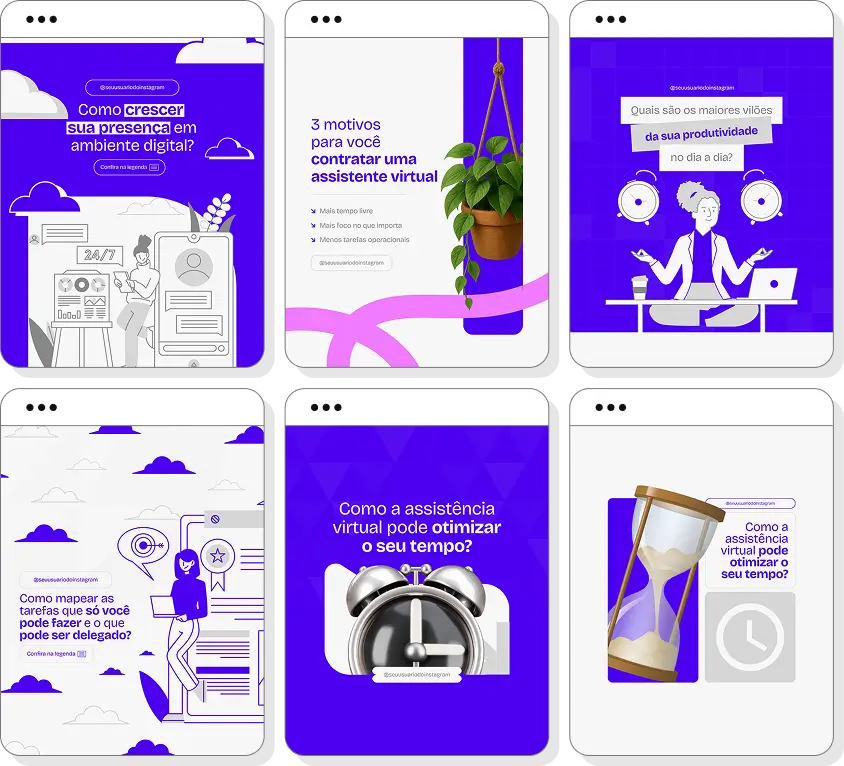 Pack de posts para assistente virtual com templates no Canva para Instagram sobre produtividade e atendimento remoto