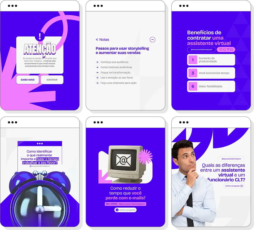 Social media assistente virtual com pack de posts para Instagram de produtividade e suporte remoto