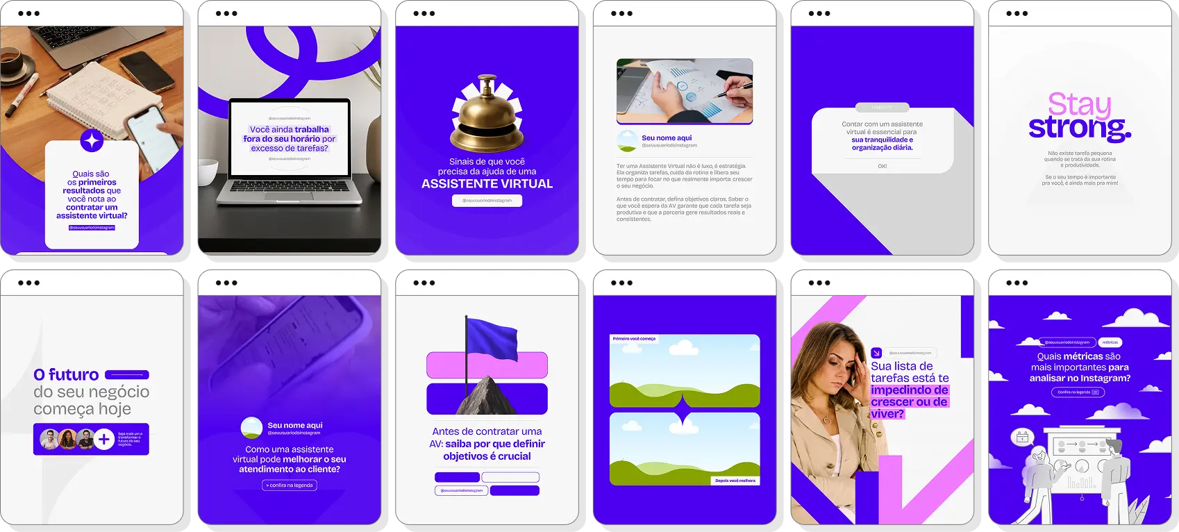 Social media para assistente virtual com pack de posts editáveis no Canva para Instagram profissional