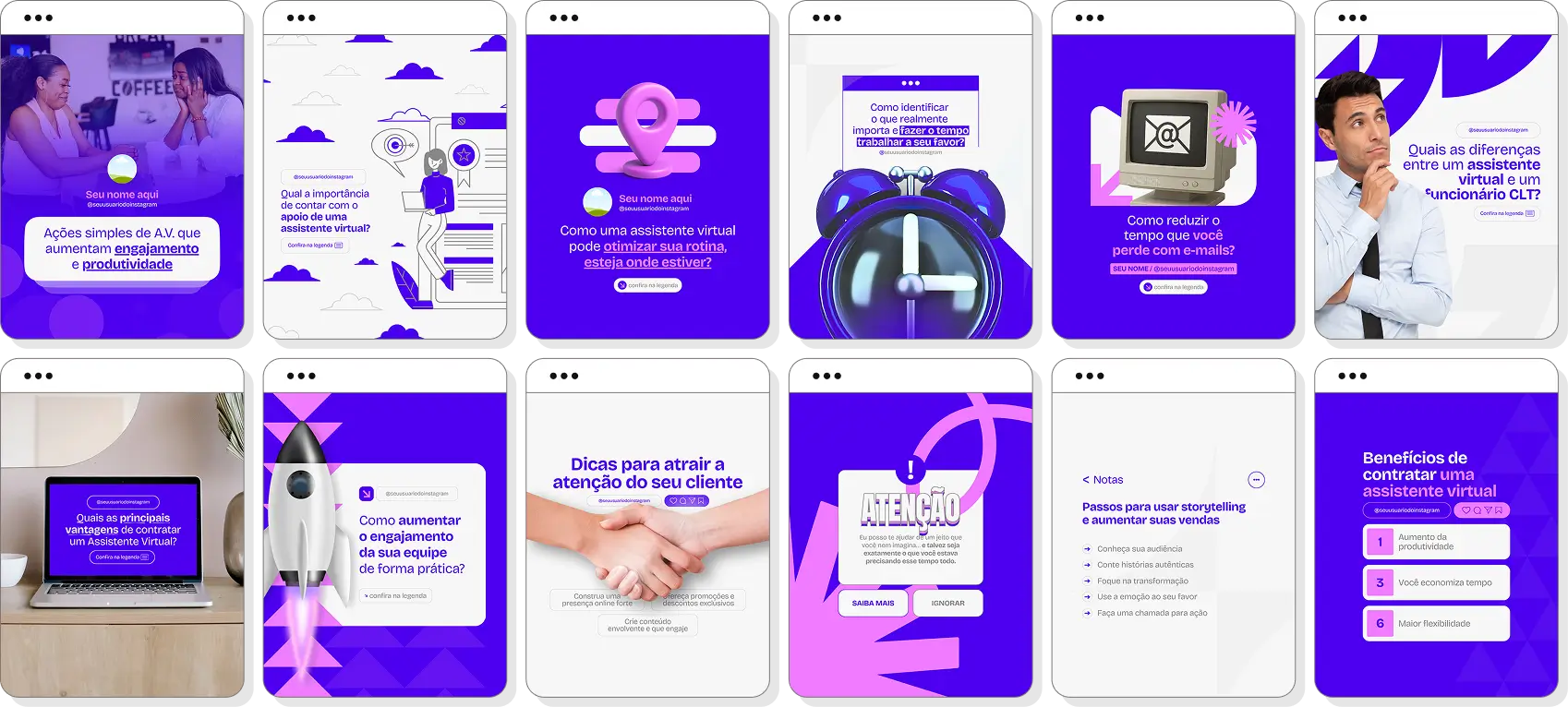 Pack Canva assistente virtual com posts para Instagram de organização de tarefas e atendimento