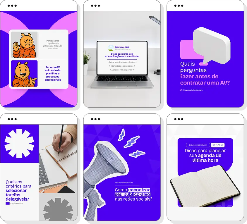 Pack social media assistente virtual com conteúdos para Instagram de organização e suporte administrativo
