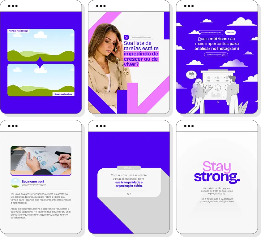 Pack de posts editáveis assistente virtual com foco em organização, atendimento e processos administrativos