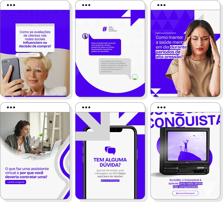 Pack Canva assistente virtual com ideias de posts para perfil de Instagram sobre organização profissional