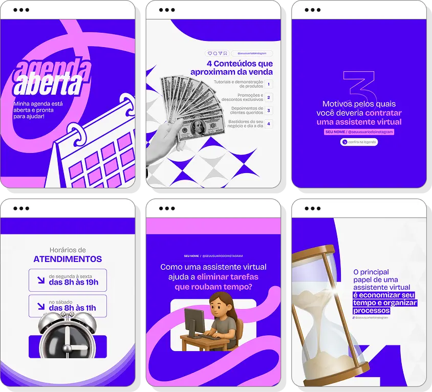 Pack de posts para Instagram assistente virtual com artes editáveis sobre atendimento e produtividade