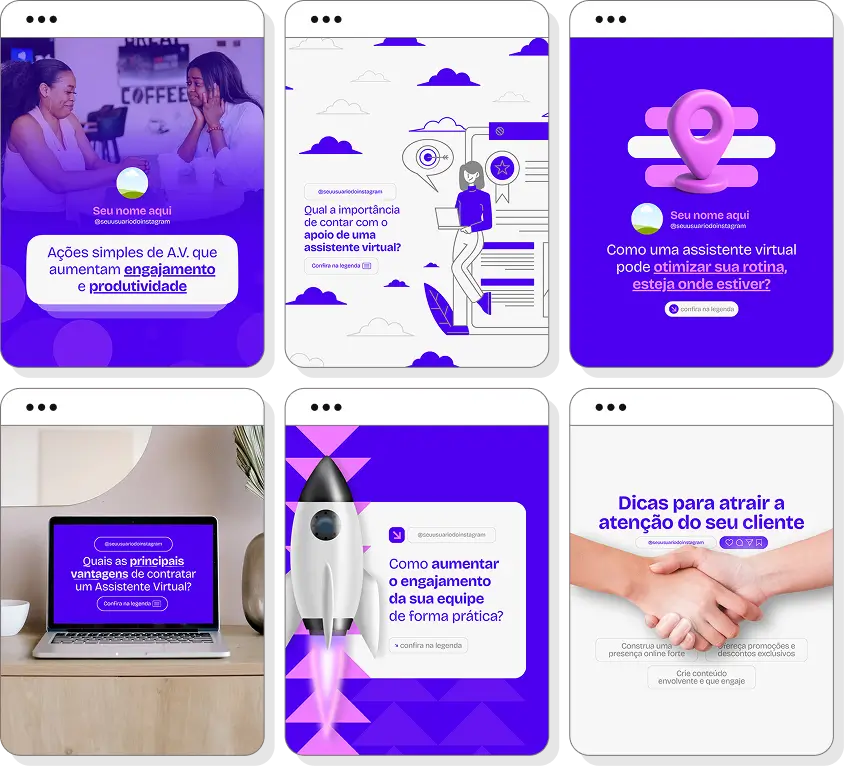 Pack Canva assistente virtual com posts para Instagram de atendimento remoto e produtividade