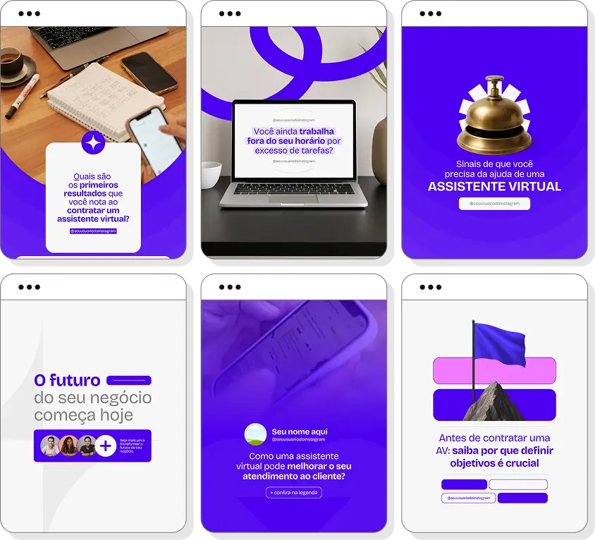 Posts para perfil de assistente virtual no Instagram com templates Canva sobre gestão de tarefas