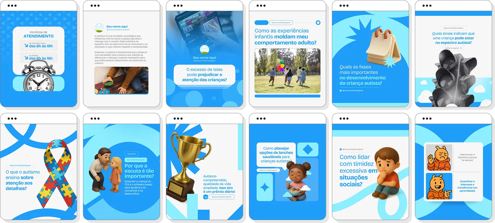 Pack de autismo com conteúdos editáveis para Instagram de desenvolvimento e inclusão
