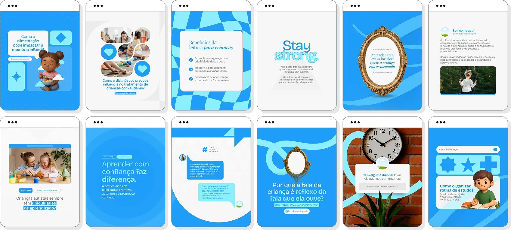Pack de posts para autismo com ideias de conteúdo para Instagram de conscientização e acolhimento