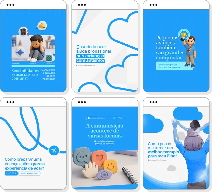 Pack de posts editáveis autismo com foco em desenvolvimento infantil e compreensão do autismo