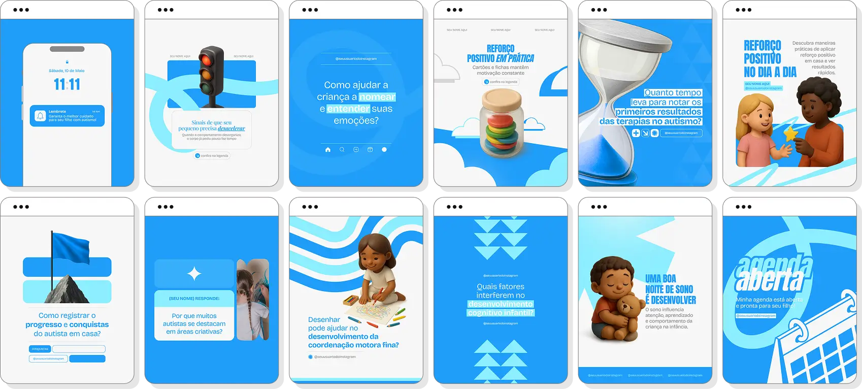Pack social media autismo com templates para Instagram de inclusão e desenvolvimento infantil