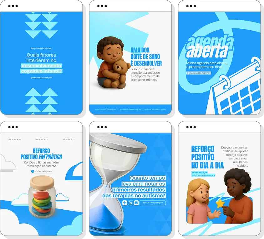 Pack social media autismo com conteúdos para Instagram de inclusão e desenvolvimento infantil