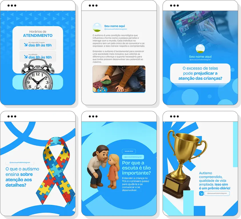 Pack de posts para Instagram autismo com artes editáveis sobre acolhimento e desenvolvimento